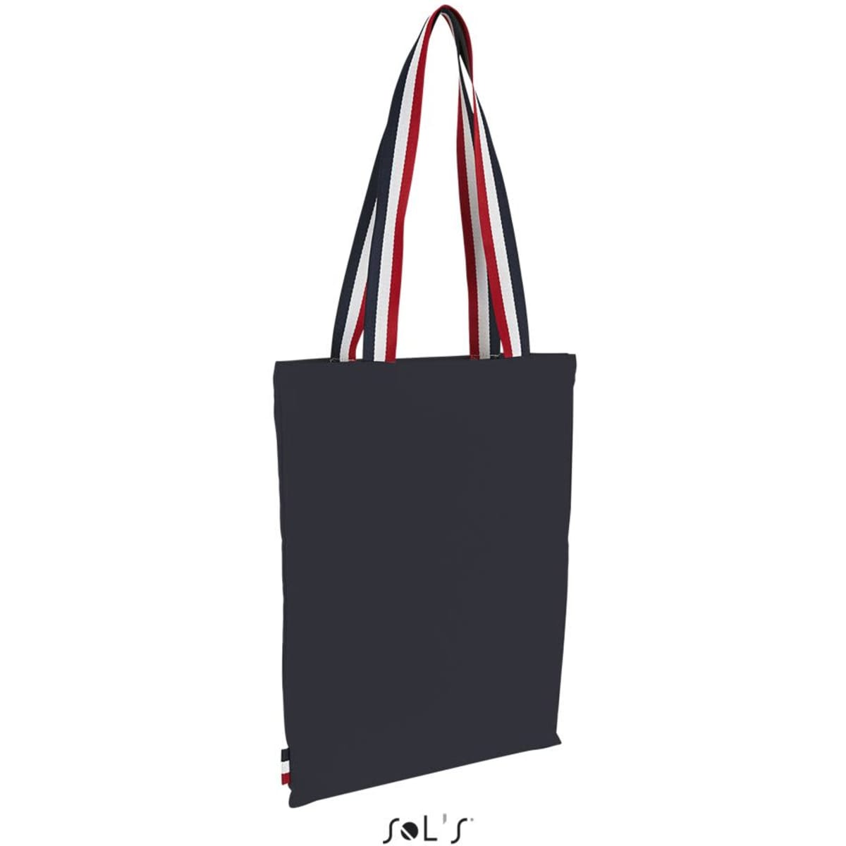 A black shopping bag with stylish red and navy striped handles, featuring a branding logo.