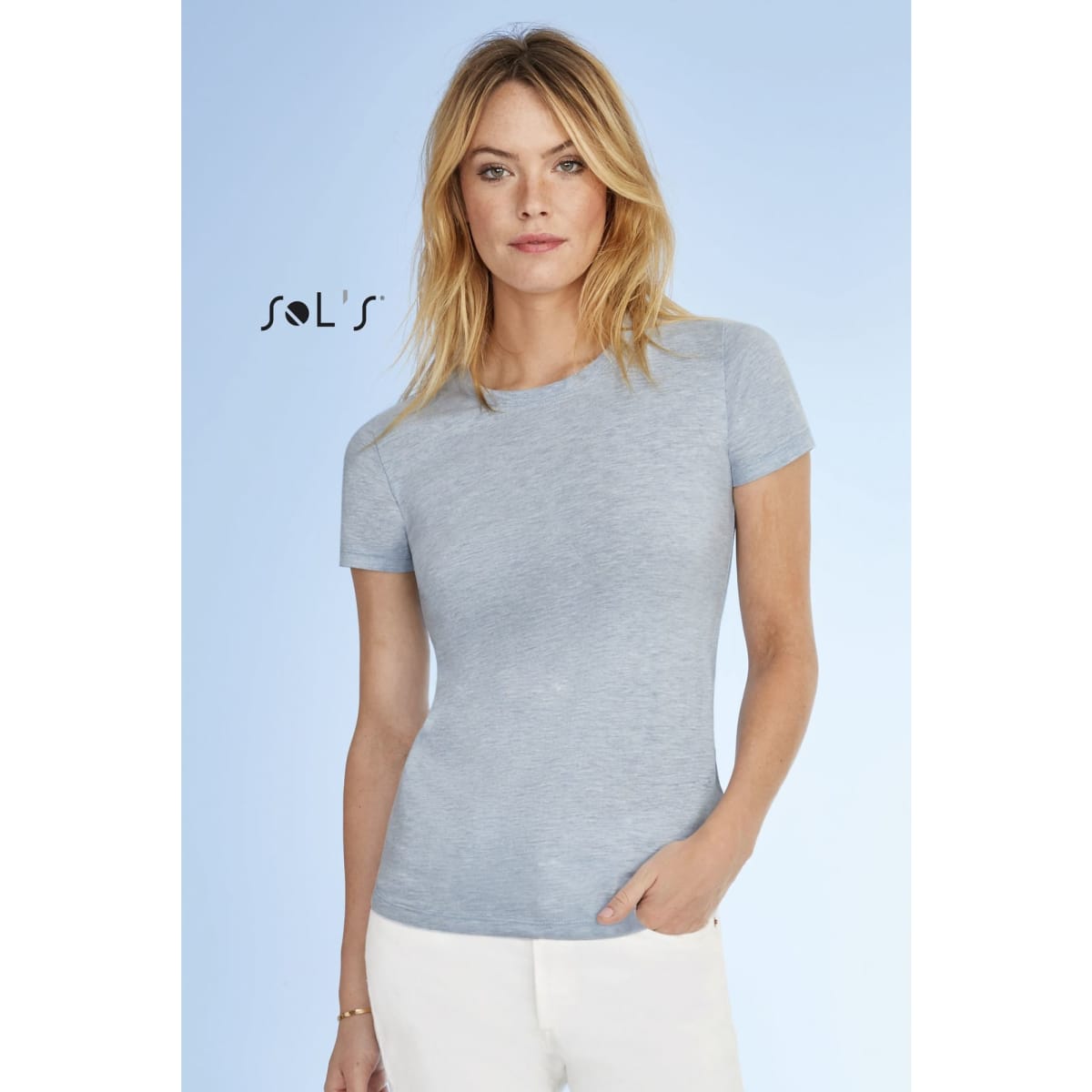A light grey women's t-shirt made from 100% semi spun combed ring spun cotton, featuring a logo.