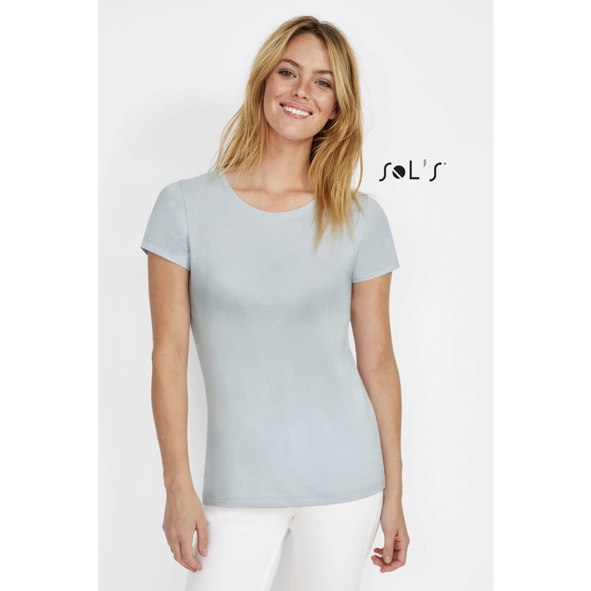 A women’s round neck T-shirt in light blue, made from 100% semi combed ring spun cotton, featuring a logo.