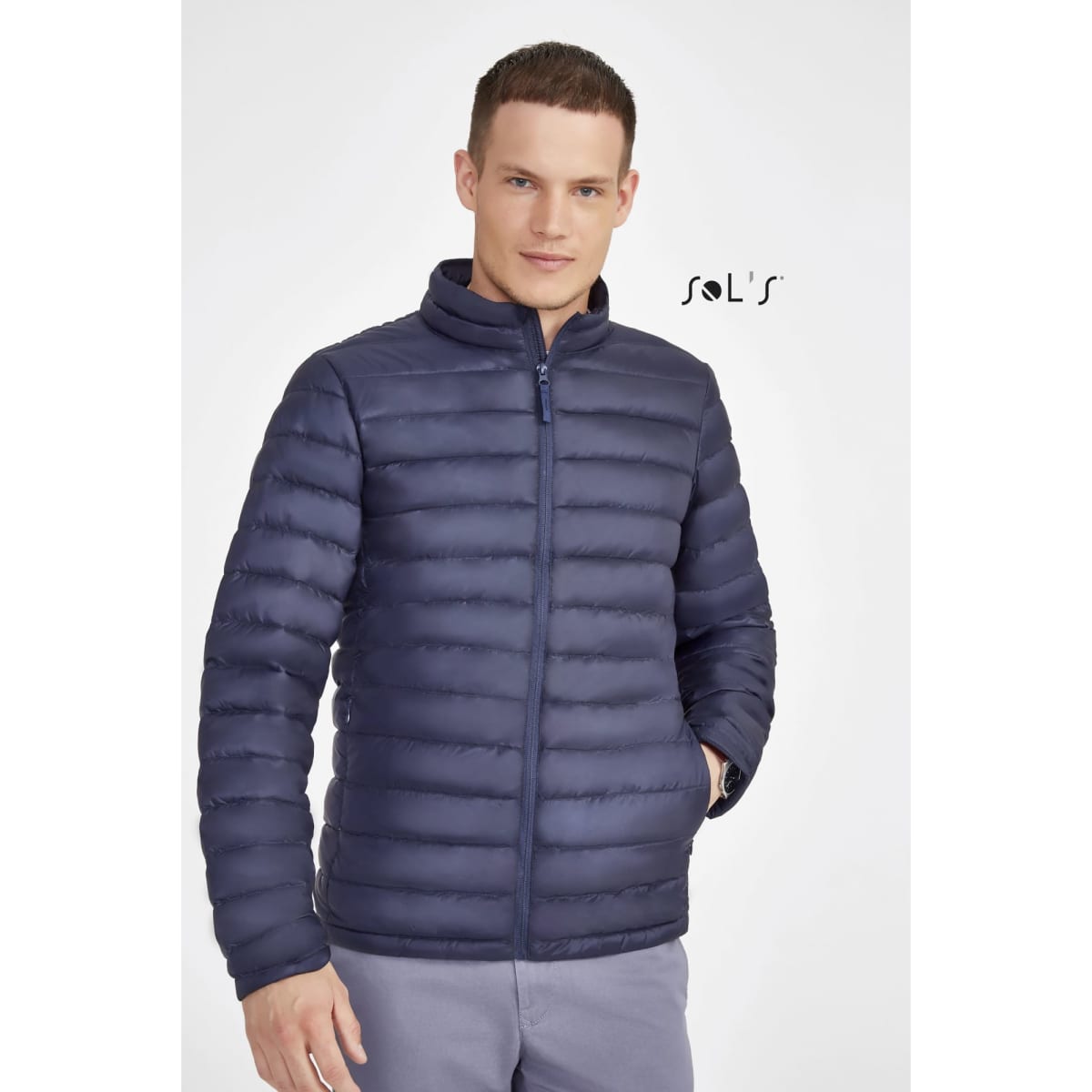 A men's navy puffer jacket featuring 90% down and 10% feather padding, lightweight with a zip front and collar.