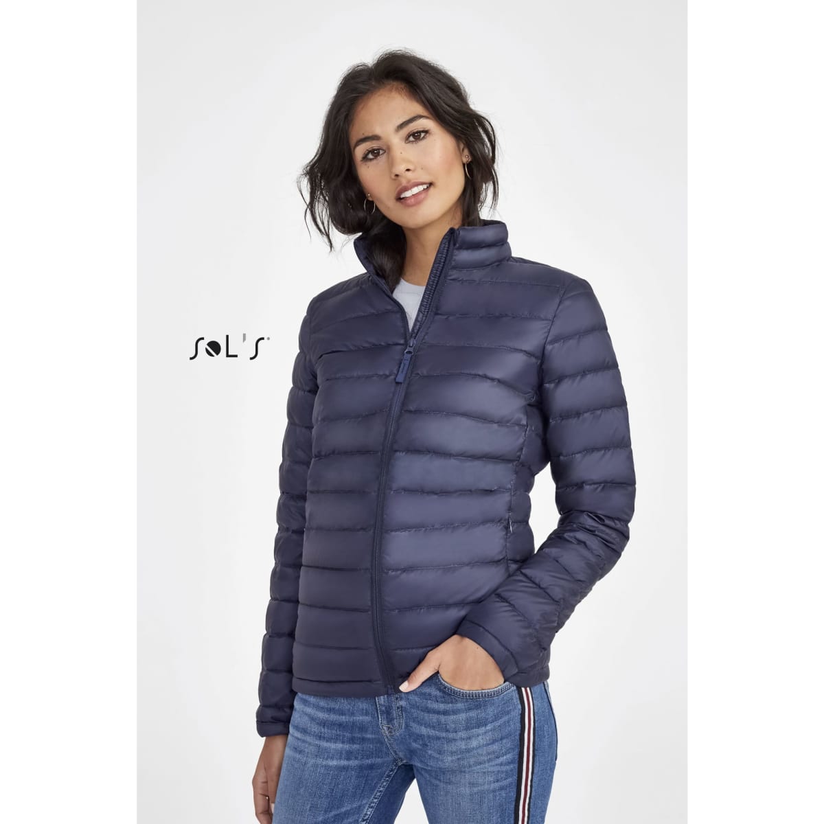 A women's navy puffer jacket filled with 90% down and 10% feathers, featuring a zip front and a collar.