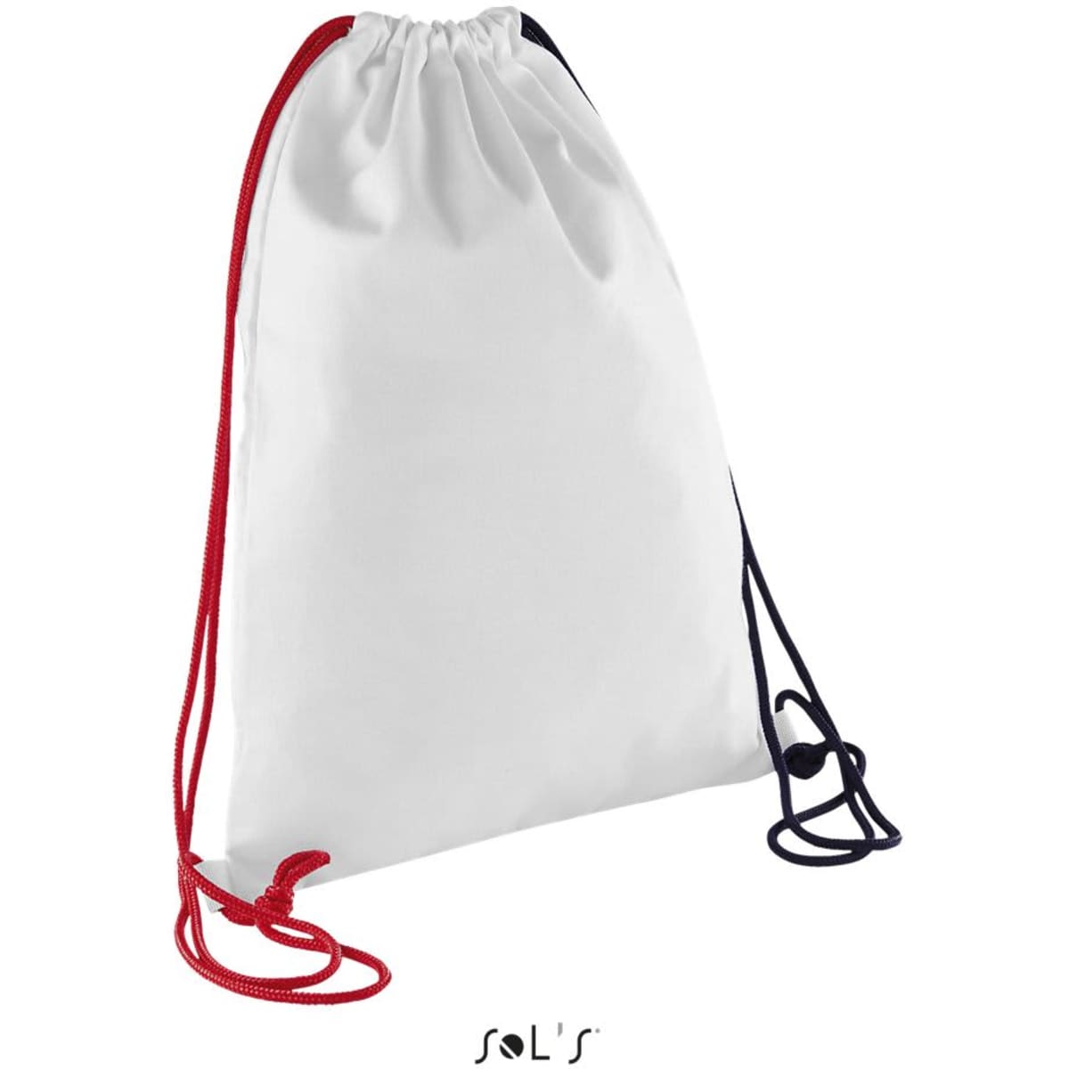 A white drawstring backpack with red and navy blue cords, featuring a logo at the bottom.