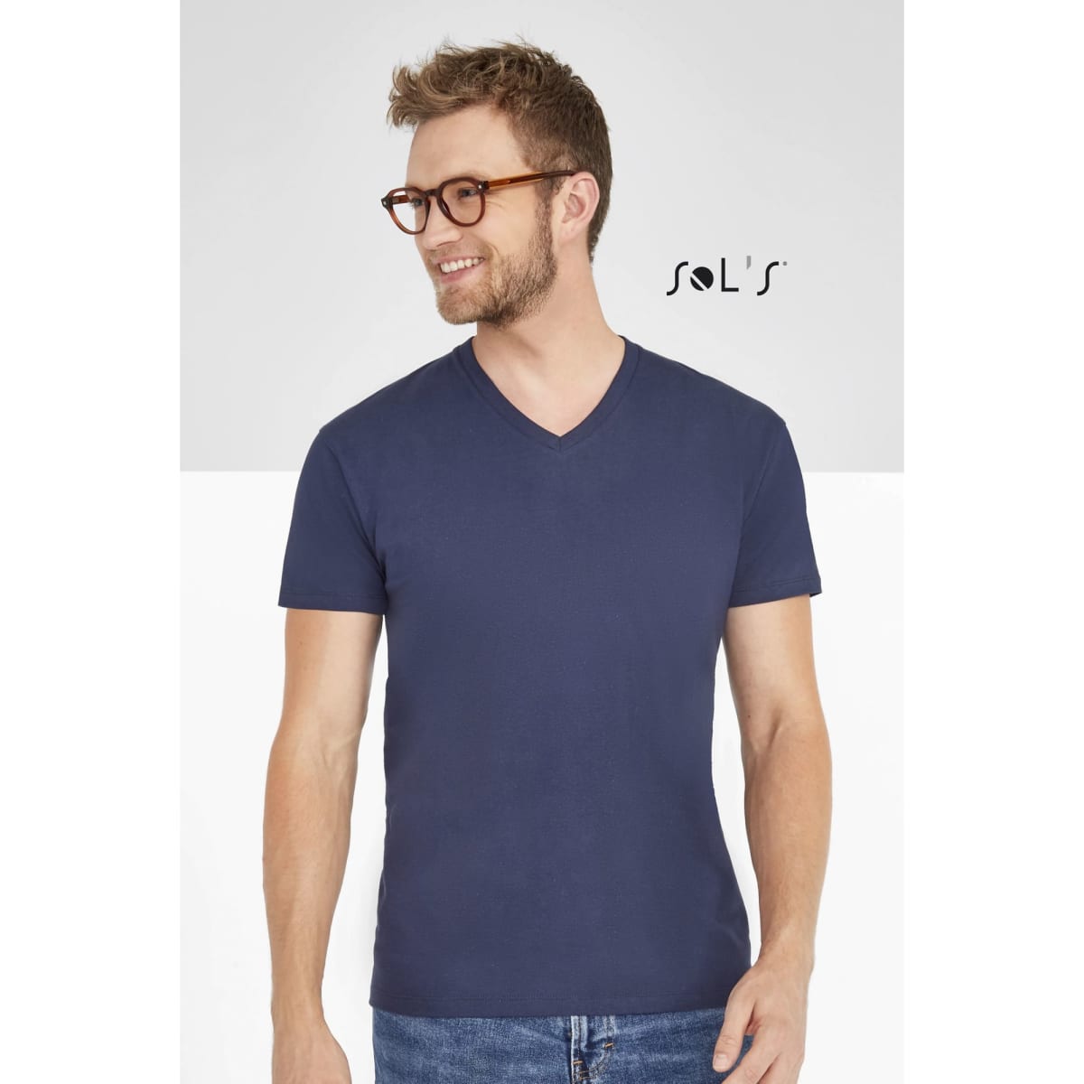 A navy V-neck men's T-shirt made of 100% semi-combed ring spun cotton, featuring a logo.