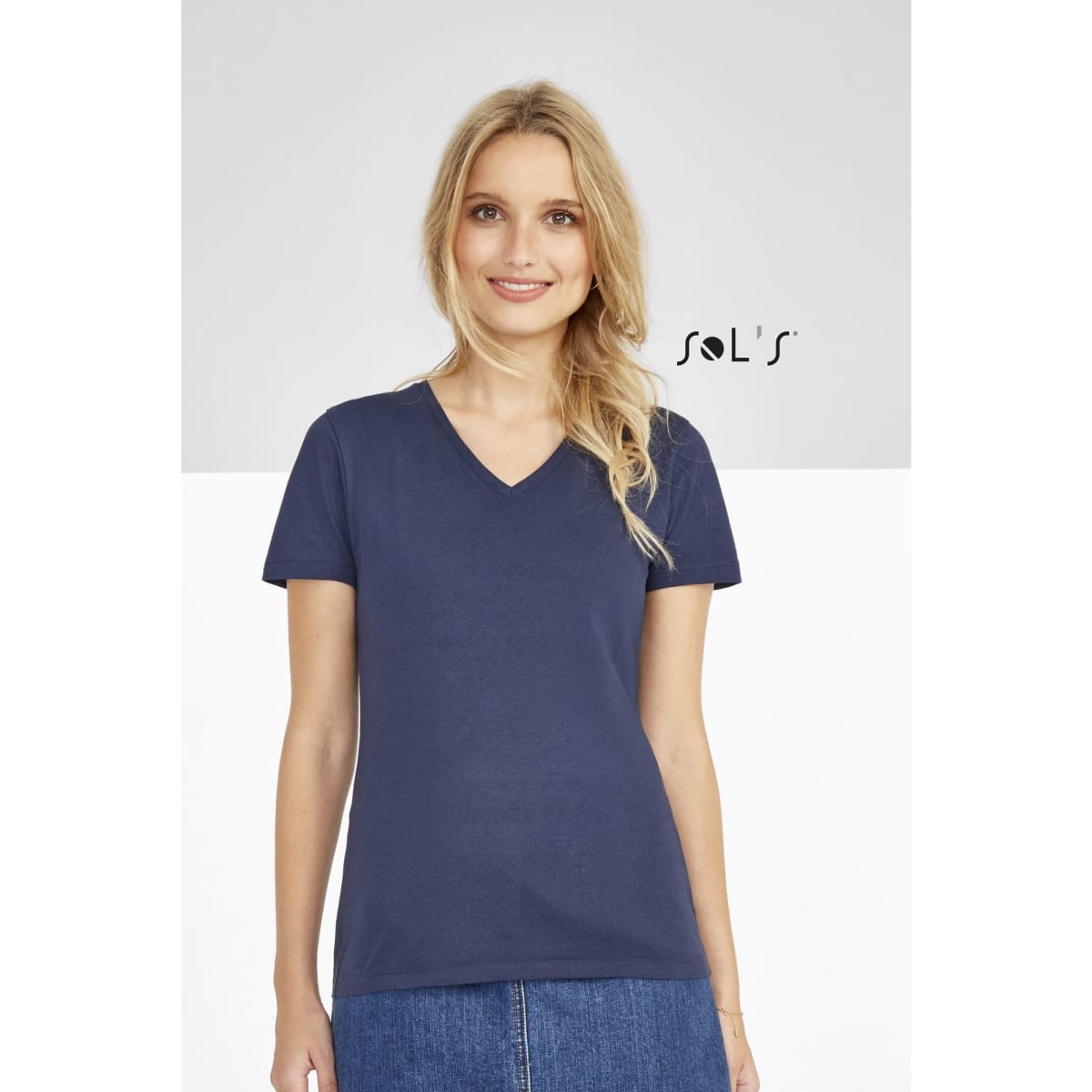 A navy V-neck women's T-shirt made from 100% semi-combed ring spun cotton, featuring a logo.