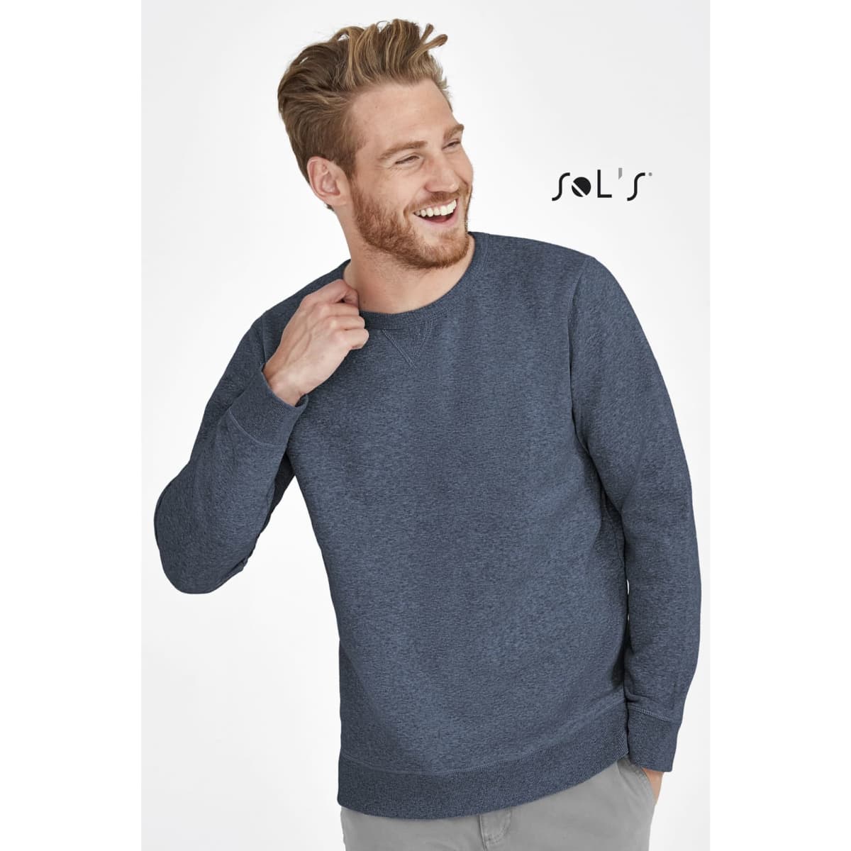 A blue unisex round neck sweatshirt made of 100% cotton, featuring a logo on the upper left.