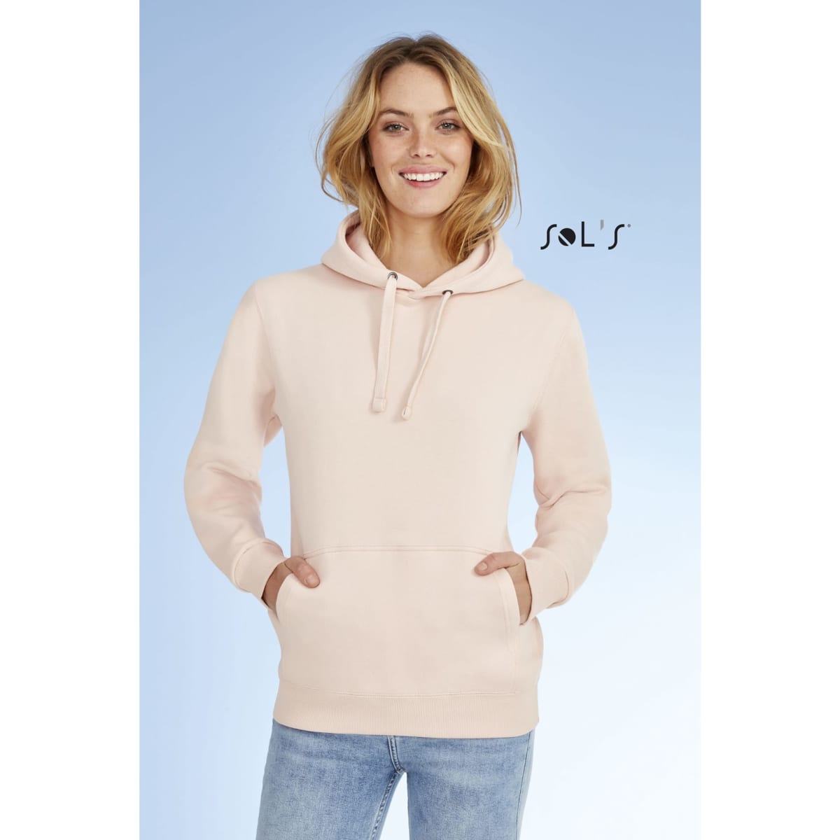 A light pink unisex hoodie made of 80% ringspun cotton and 20% polyester. Features a front pocket and a logo.