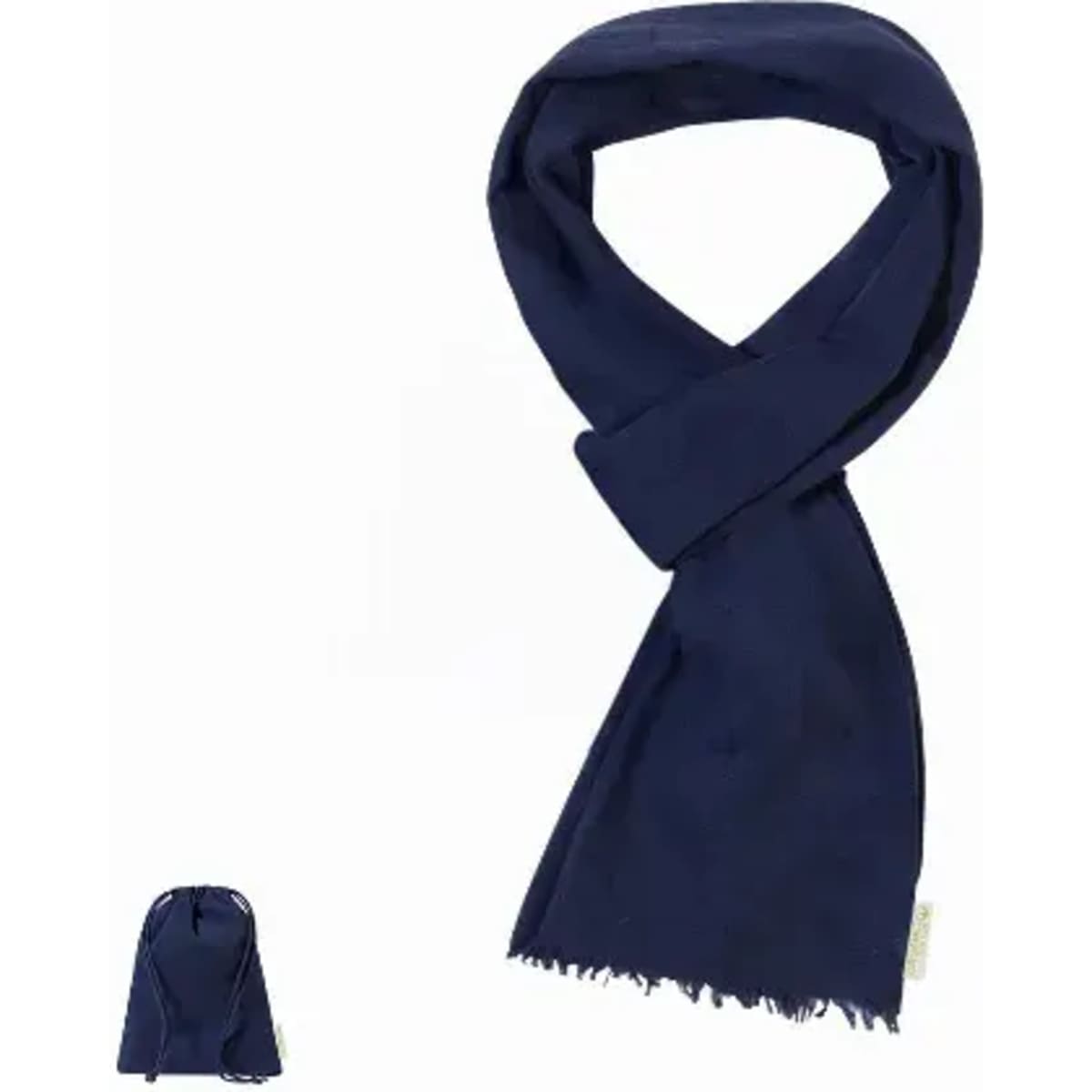 A navy scarf displayed with a matching pouch. The scarf is soft and features a fringed edge.