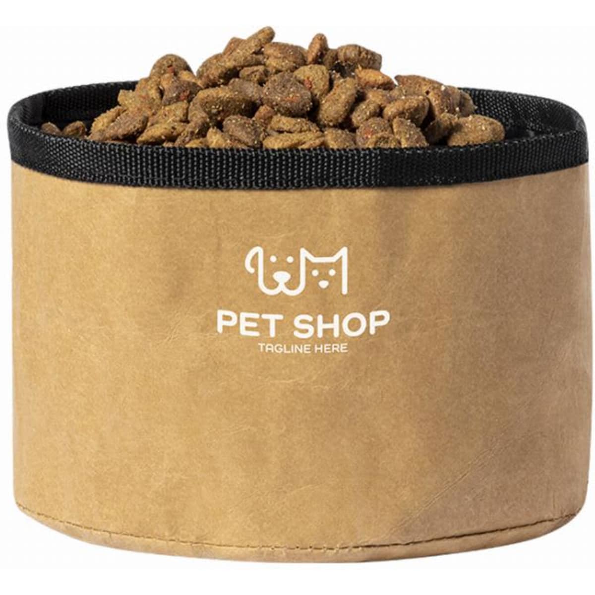 A brown pet food container with a black rim, filled with dry pet food. It features a logo on the front.