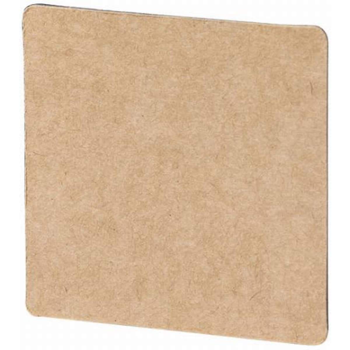 A square, brown cardboard coaster with rounded edges, featuring a plain surface.