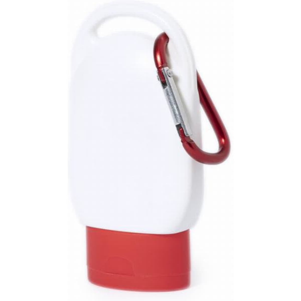 A drink bottle in white and red, featuring a handle and a carabiner clip.