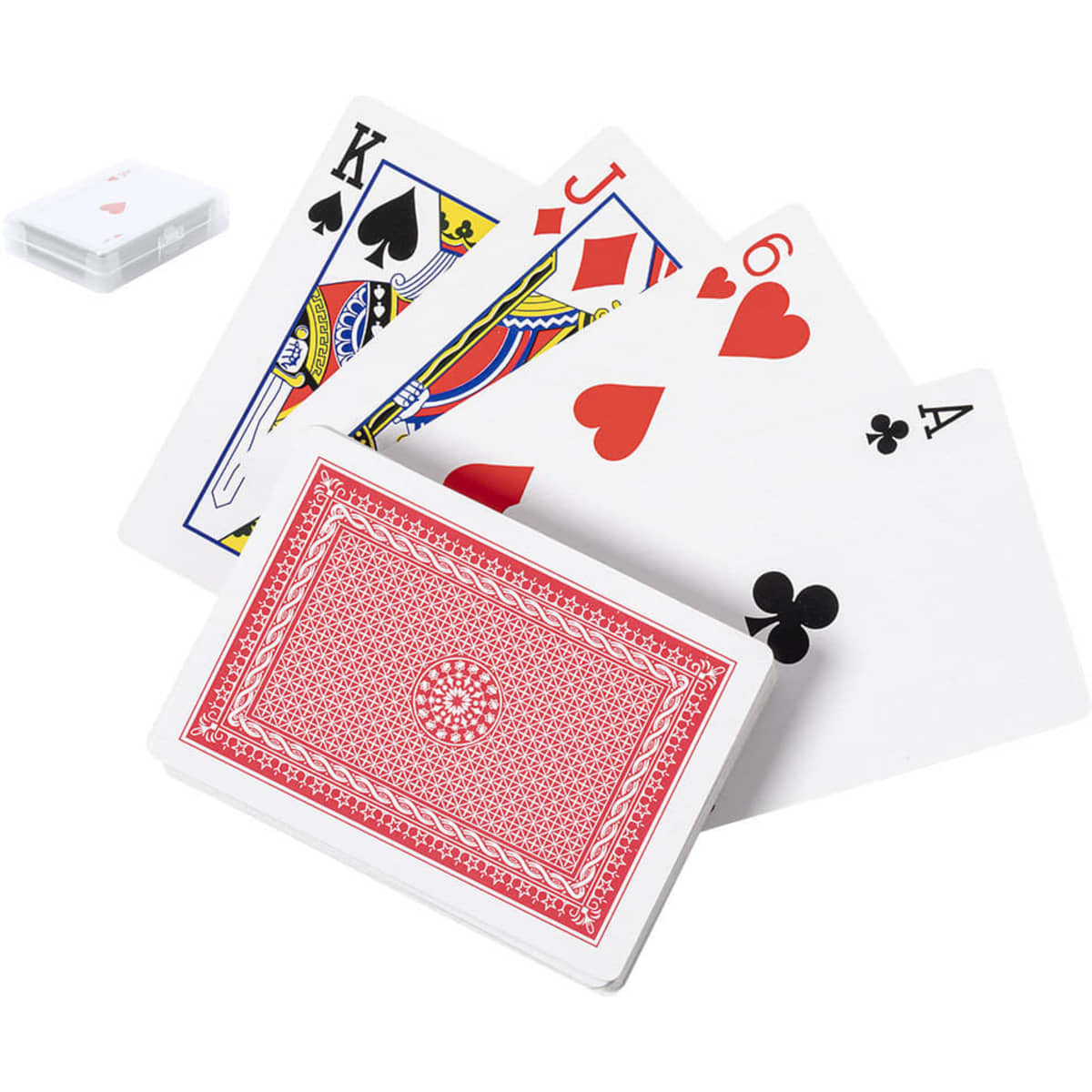 A set of playing cards featuring red and black designs, with a white card case in the background.