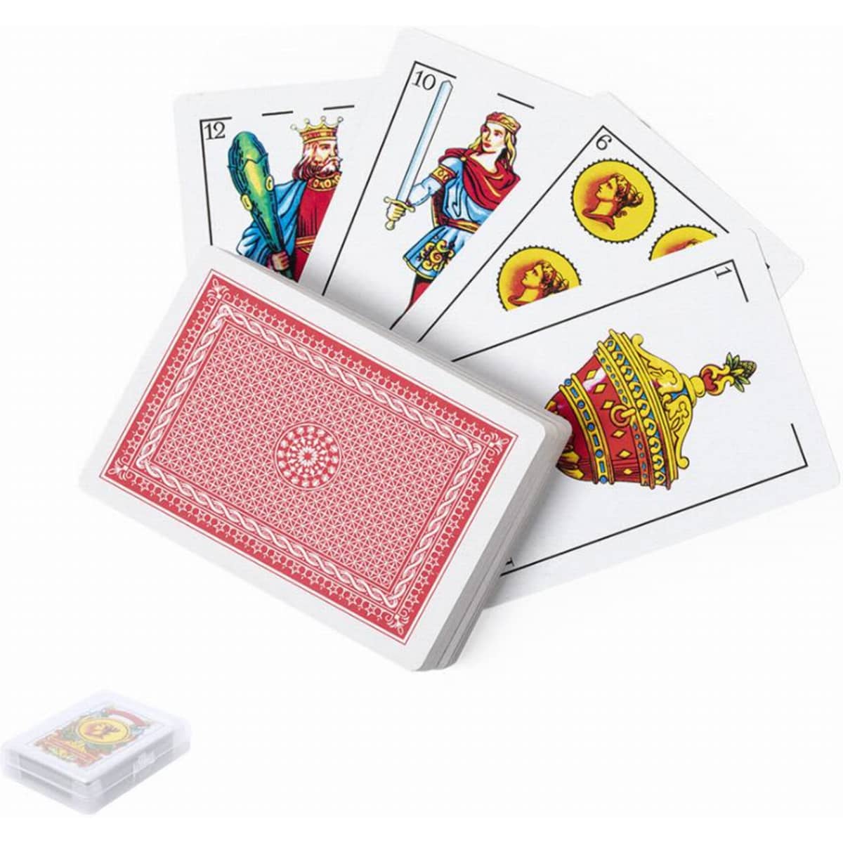 A deck of playing cards featuring vibrant illustrations, with a box included and a fan of cards displayed.