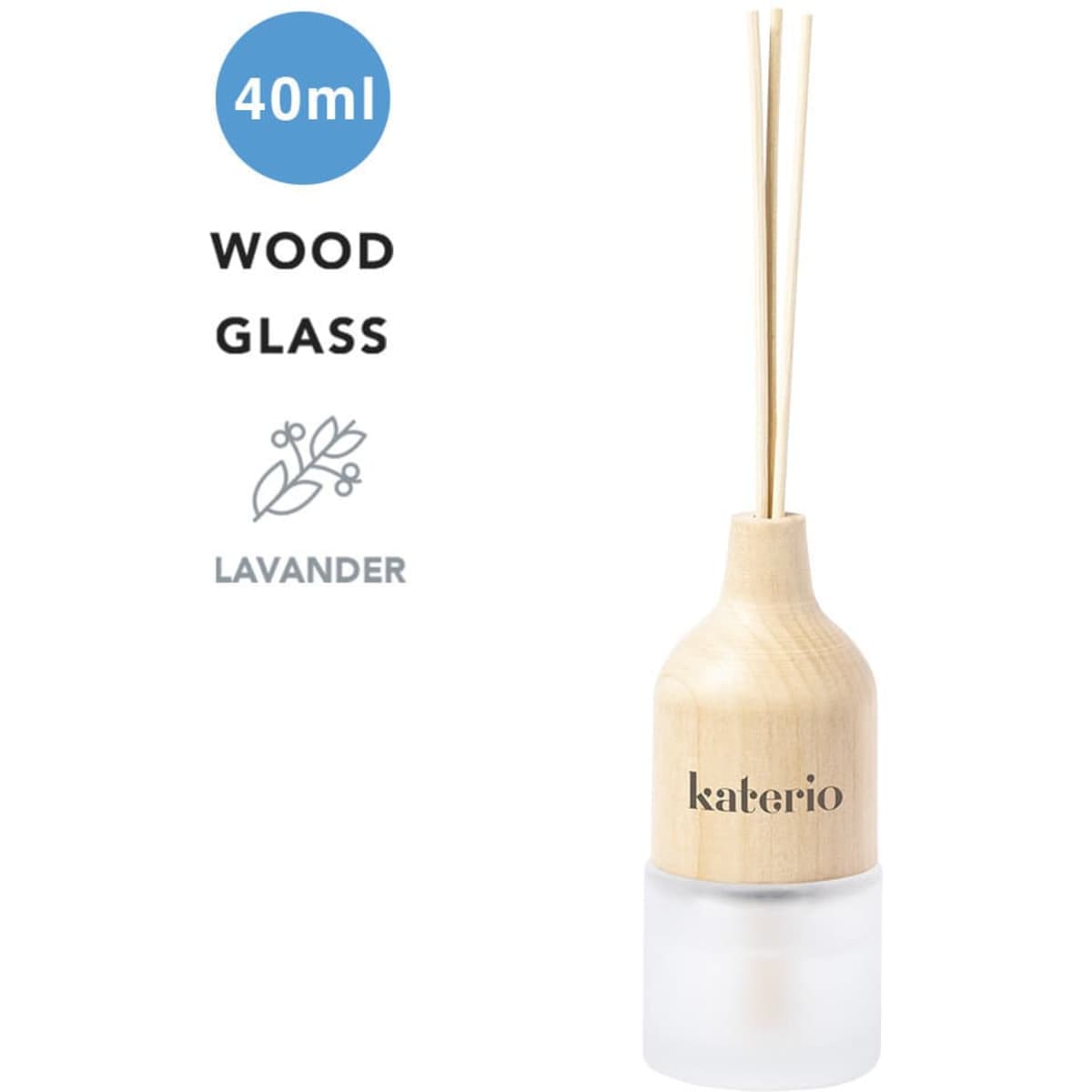 A glass diffuser bottle featuring a wooden lid, filled with lavender scent and containing reed sticks.