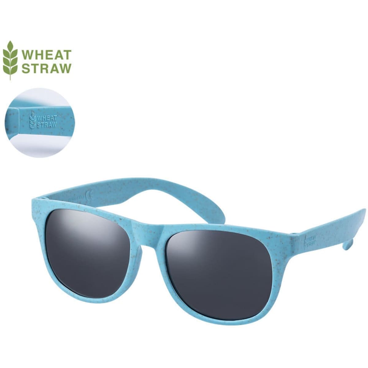 A pair of blue sunglasses made from wheat straw, featuring dark lenses and a logo on the side.