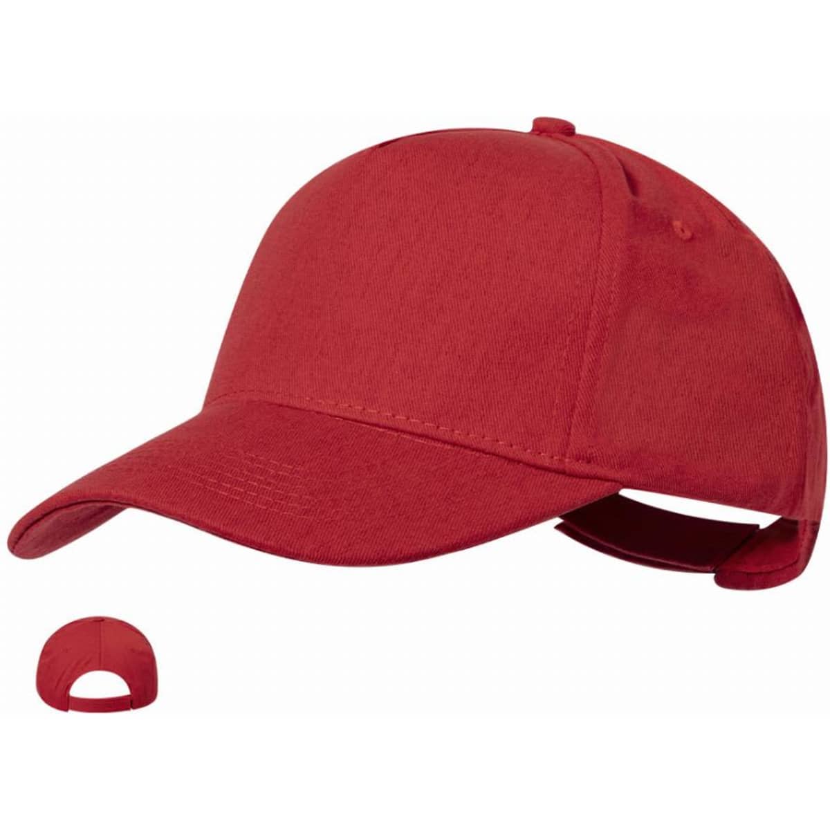 A red cap with a curved brim and an adjustable strap at the back, featuring a logo on the front.