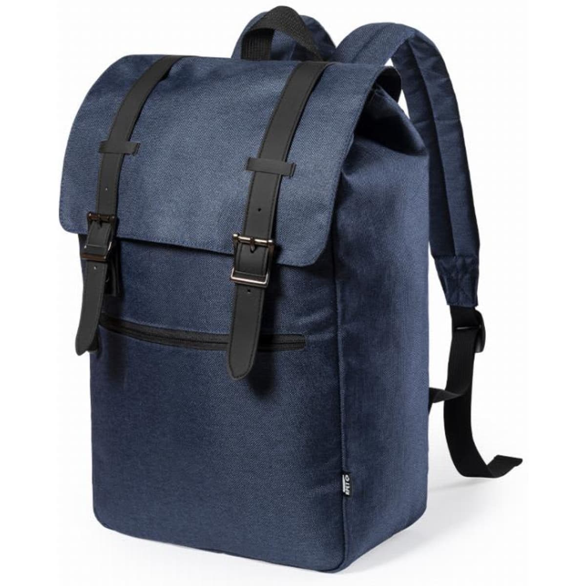 A backpack featuring a navy blue fabric with black leather straps and a front zip pocket. It has adjustable shoulder straps.
