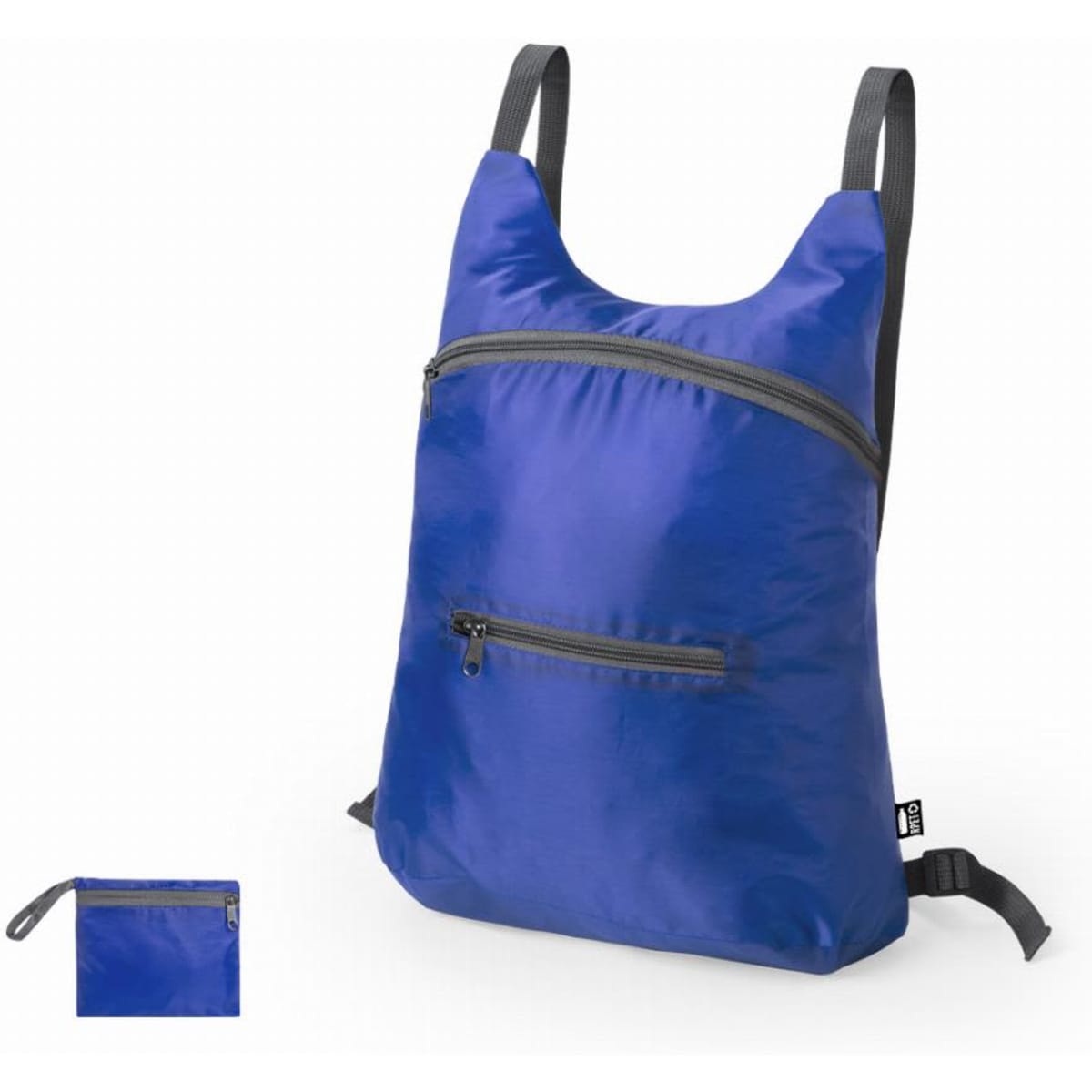 A blue backpack with a sleek design and two zippered pockets. It includes adjustable grey straps and a small pouch.
