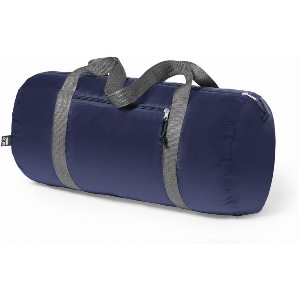 A navy blue duffle bag with grey straps and a zippered pocket on the side. It features a logo.