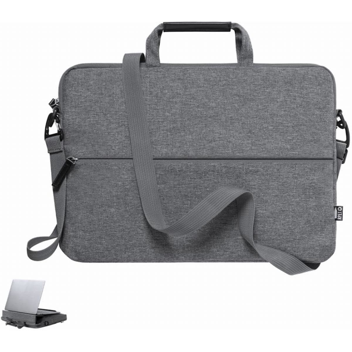 A grey laptop bag with a shoulder strap and top handle, featuring a logo and a placed laptop.