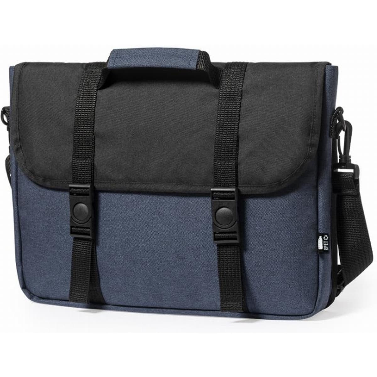 A messenger bag featuring navy blue and black fabric with adjustable straps and a top handle. It has branding on the side.
