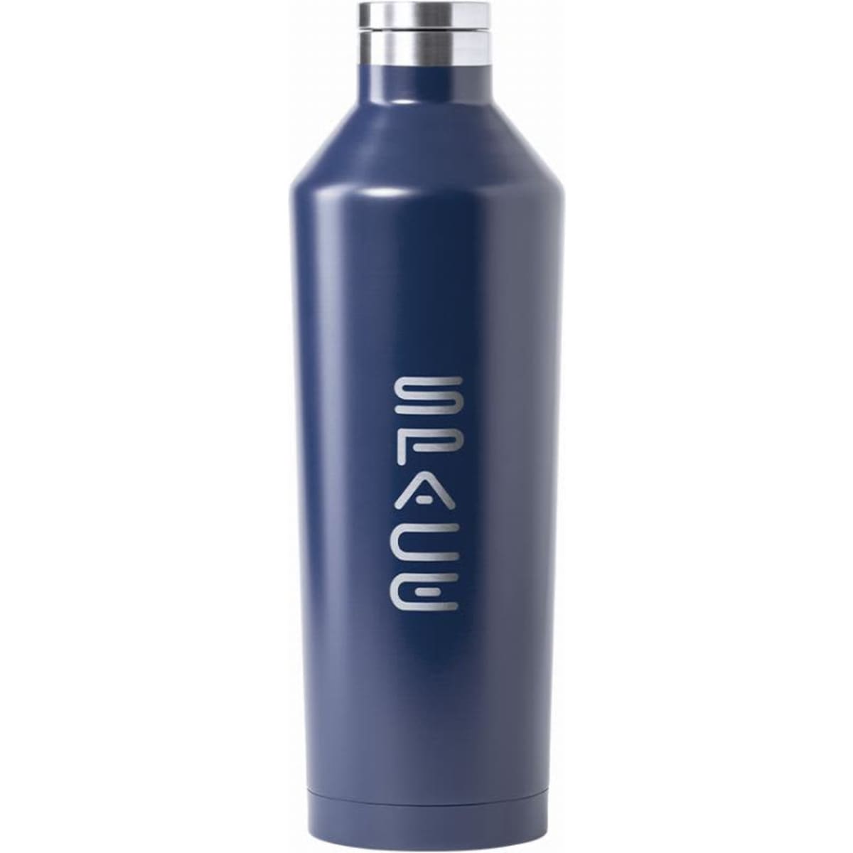 A drink bottle in navy blue with a metallic silver top and a logo on the front.