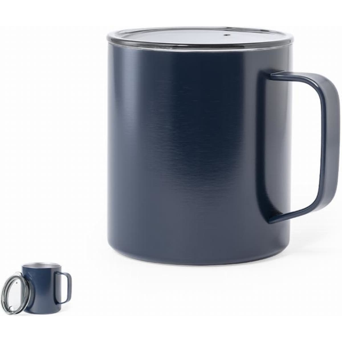 A drink bottle with a navy exterior and a stainless steel lid, featuring a handle and a sleek design.