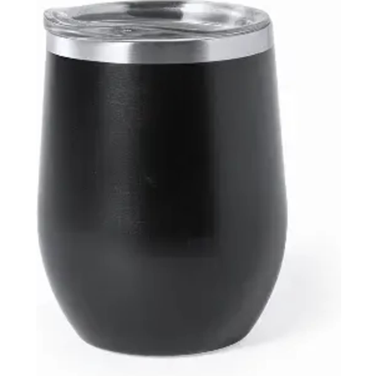 A drink bottle in matte black with a stainless steel lid, featuring a sleek, rounded design.