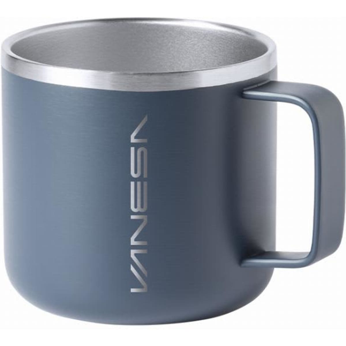 A drink bottle with a stainless steel interior and a matte navy blue exterior, featuring a handle and a logo.