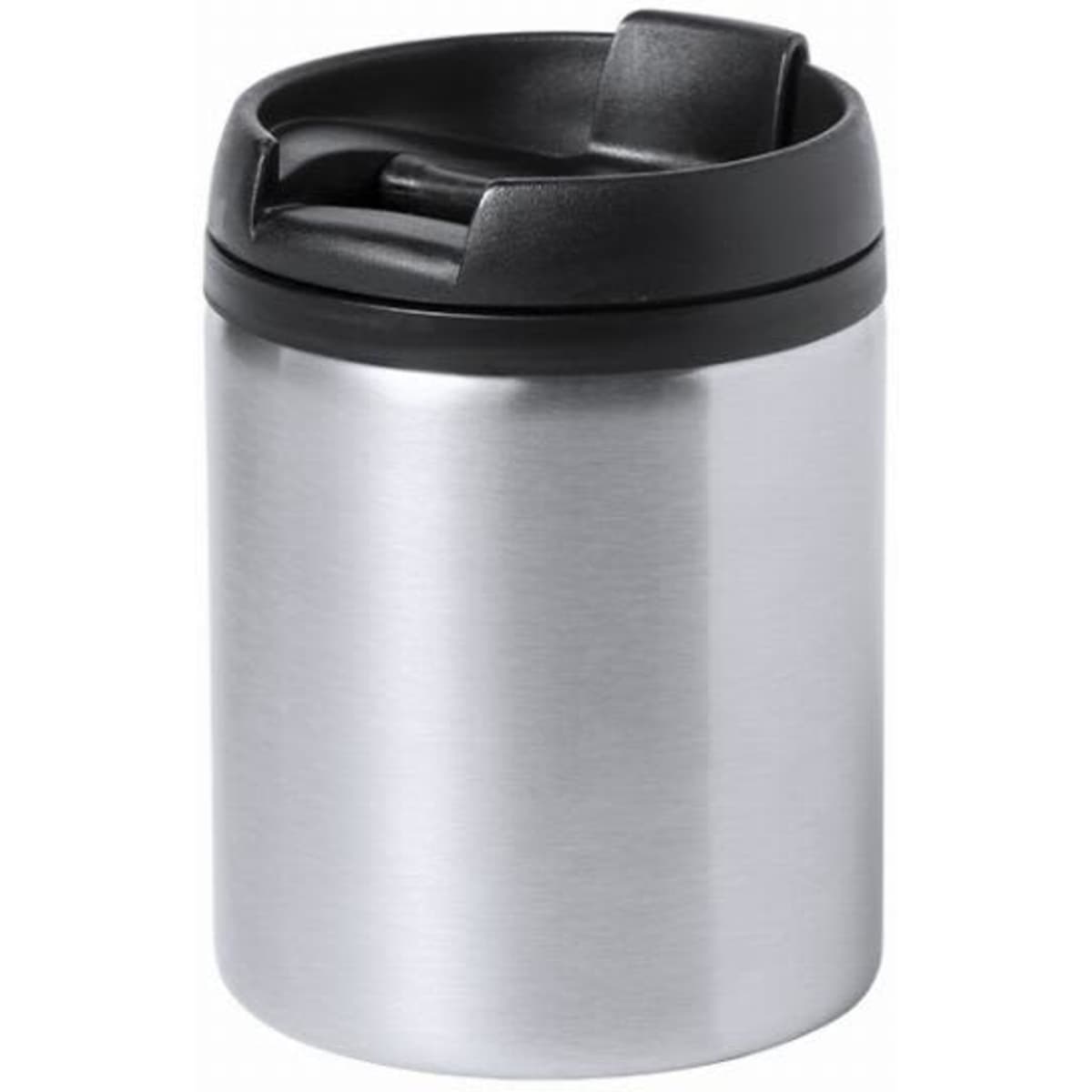 A drink bottle with a stainless steel body and a black flip-top lid, featuring a simple design and branding.