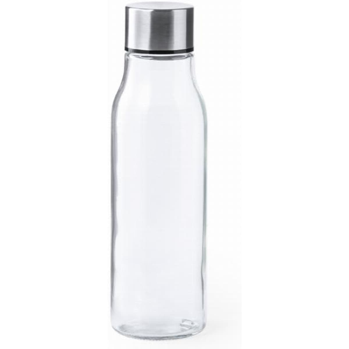 A drink bottle made of clear glass with a stainless steel cap. Features a sleek, minimalist design.