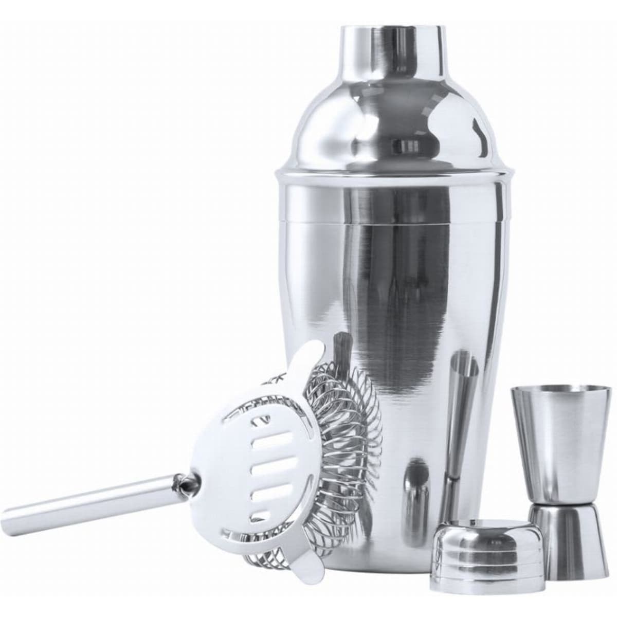 A cocktail shaker set in polished stainless steel, including a shaker, strainer, jigger, and stirring spoon.