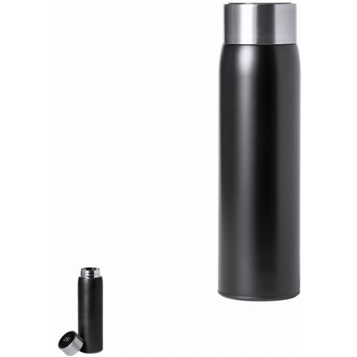 A drink bottle in matte black with a metallic silver cap, featuring a sleek, modern design and a logo.
