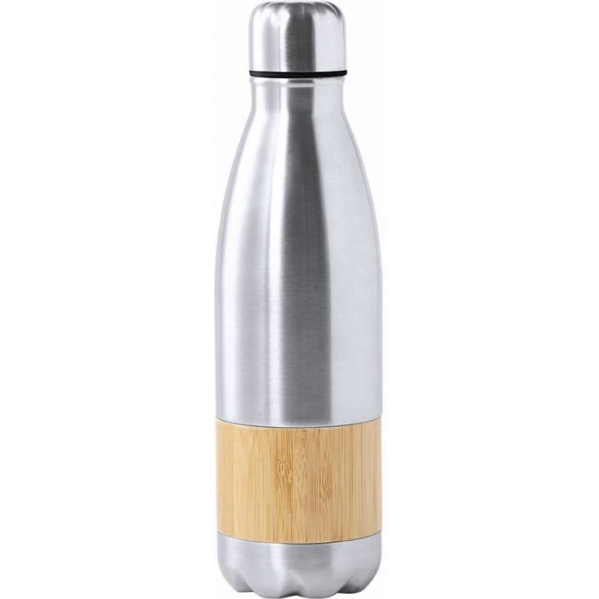 A drink bottle featuring a sleek stainless steel body with a bamboo base. It has a metal screw-on lid.