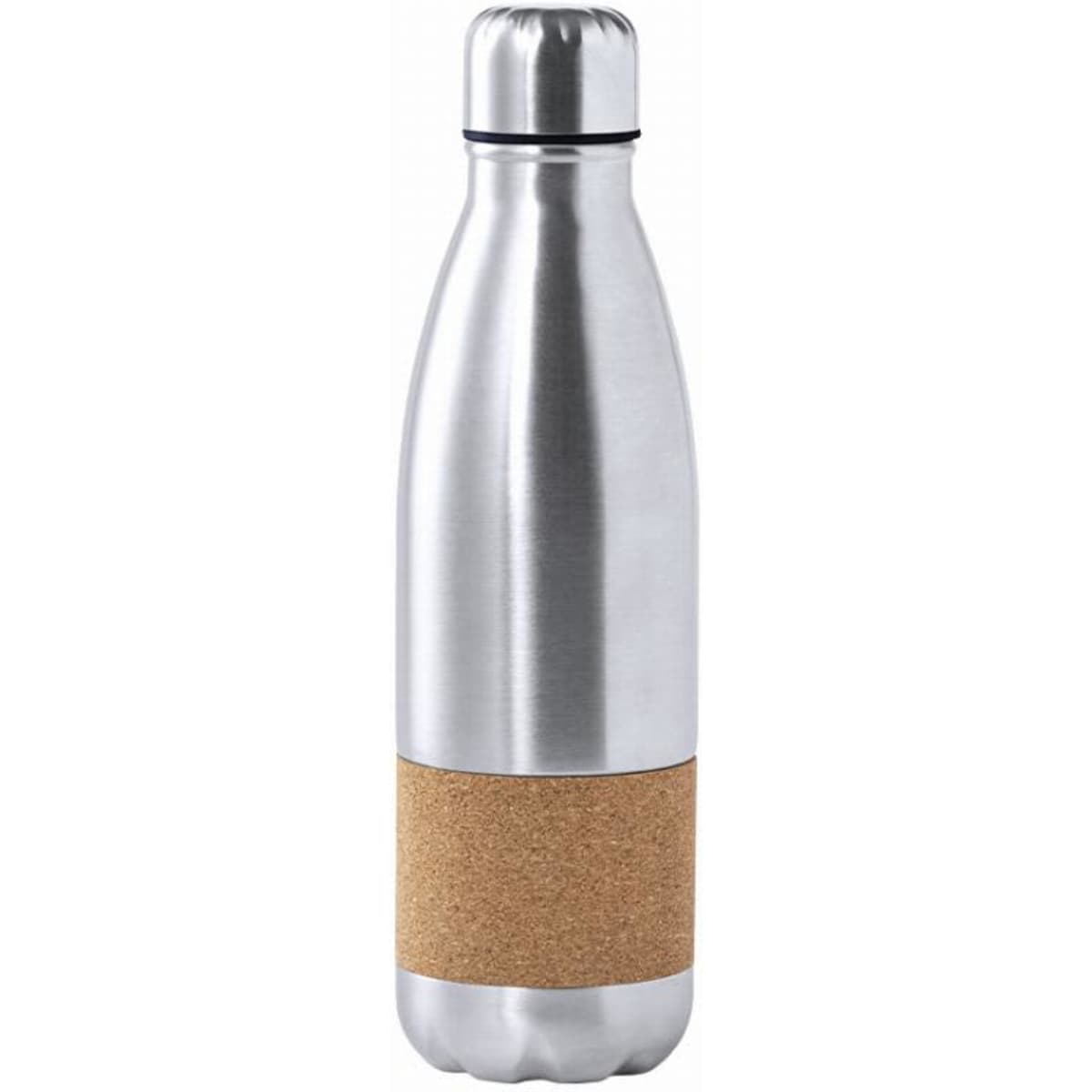 A drink bottle made of stainless steel with a cork band around the middle. It has a sleek silver finish.