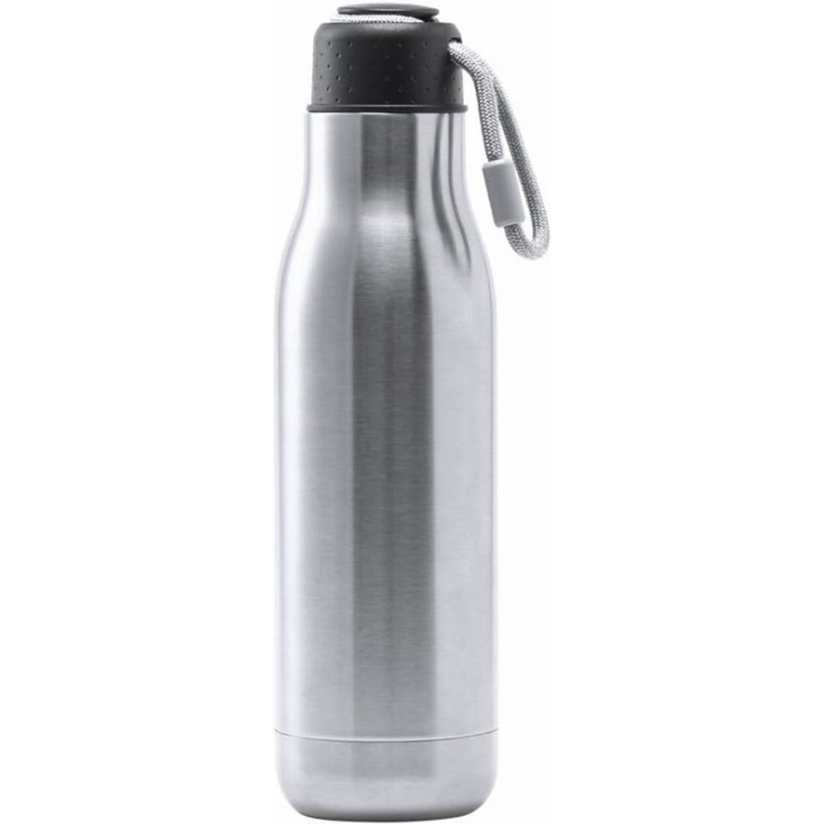 A drink bottle in stainless steel with a black cap and a silver strap. It features a simple, sleek design.