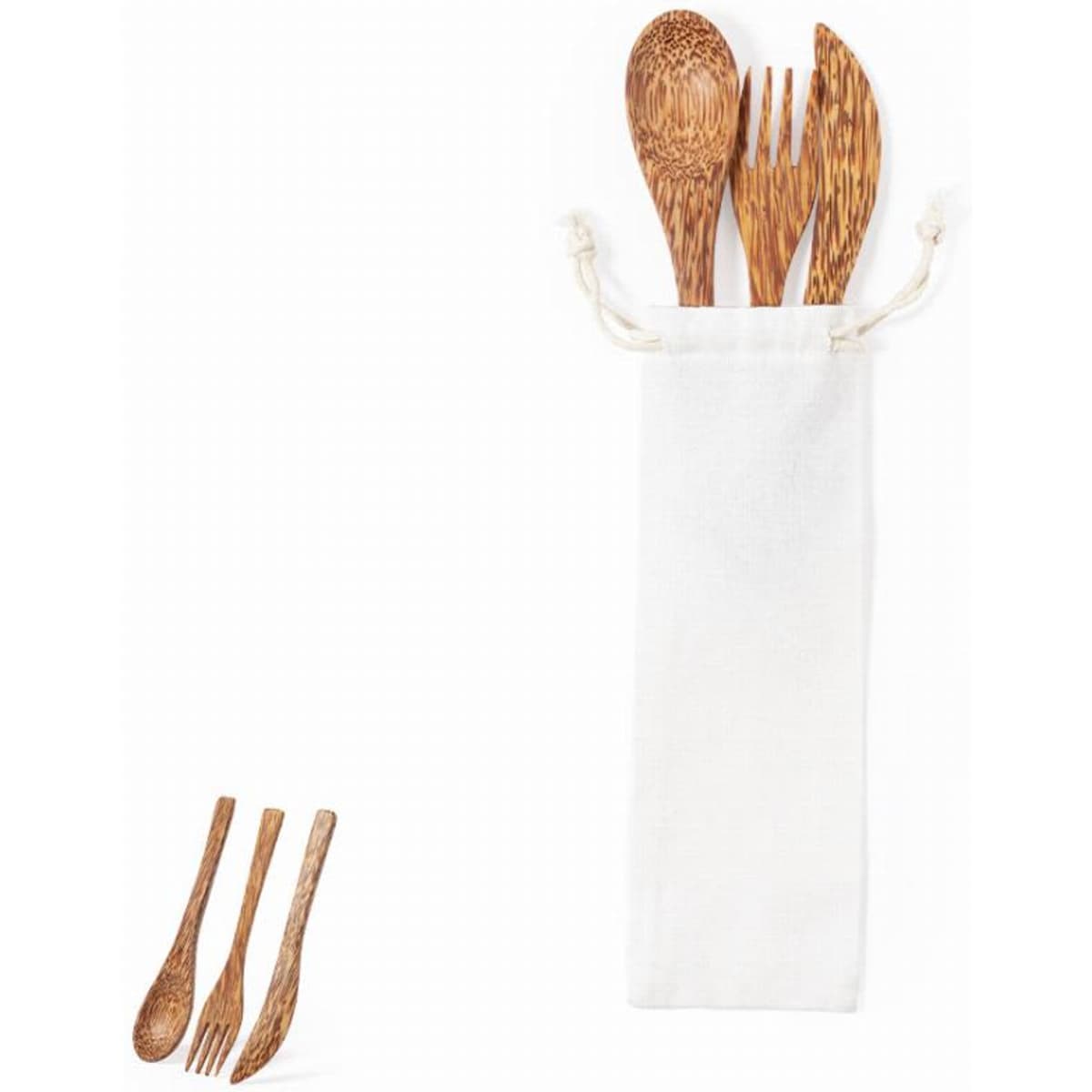 A collection of wooden utensils in a white drawstring bag, with three smaller wooden forks beside it.