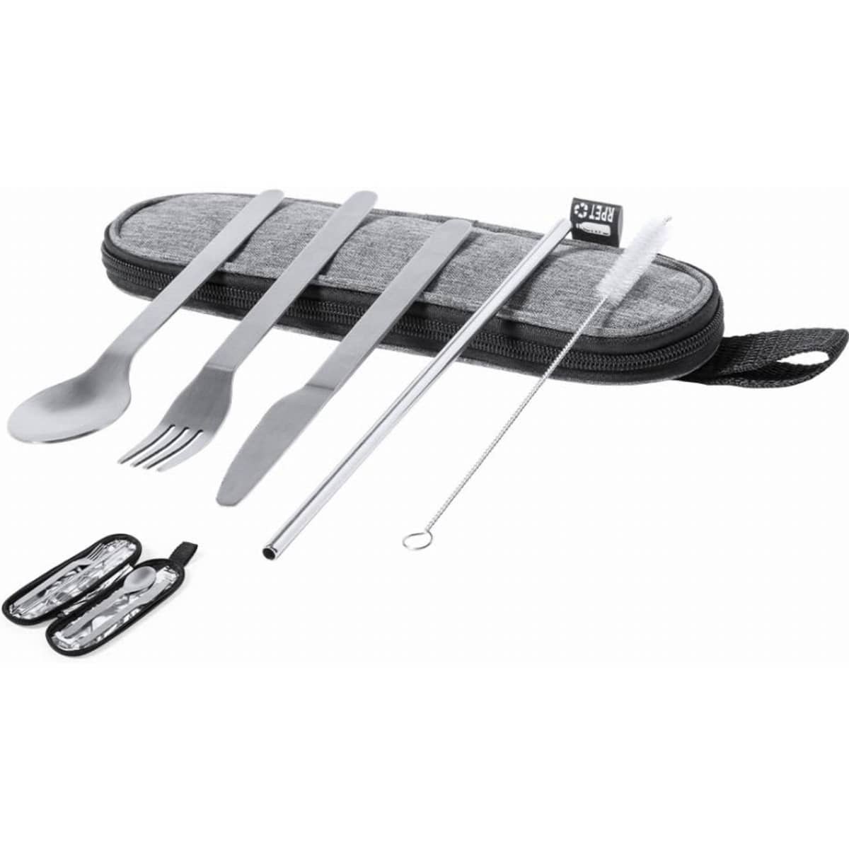 A reusable cutlery set featuring a spoon, fork, knife, straw, cleaning brush, and a grey carrying case.
