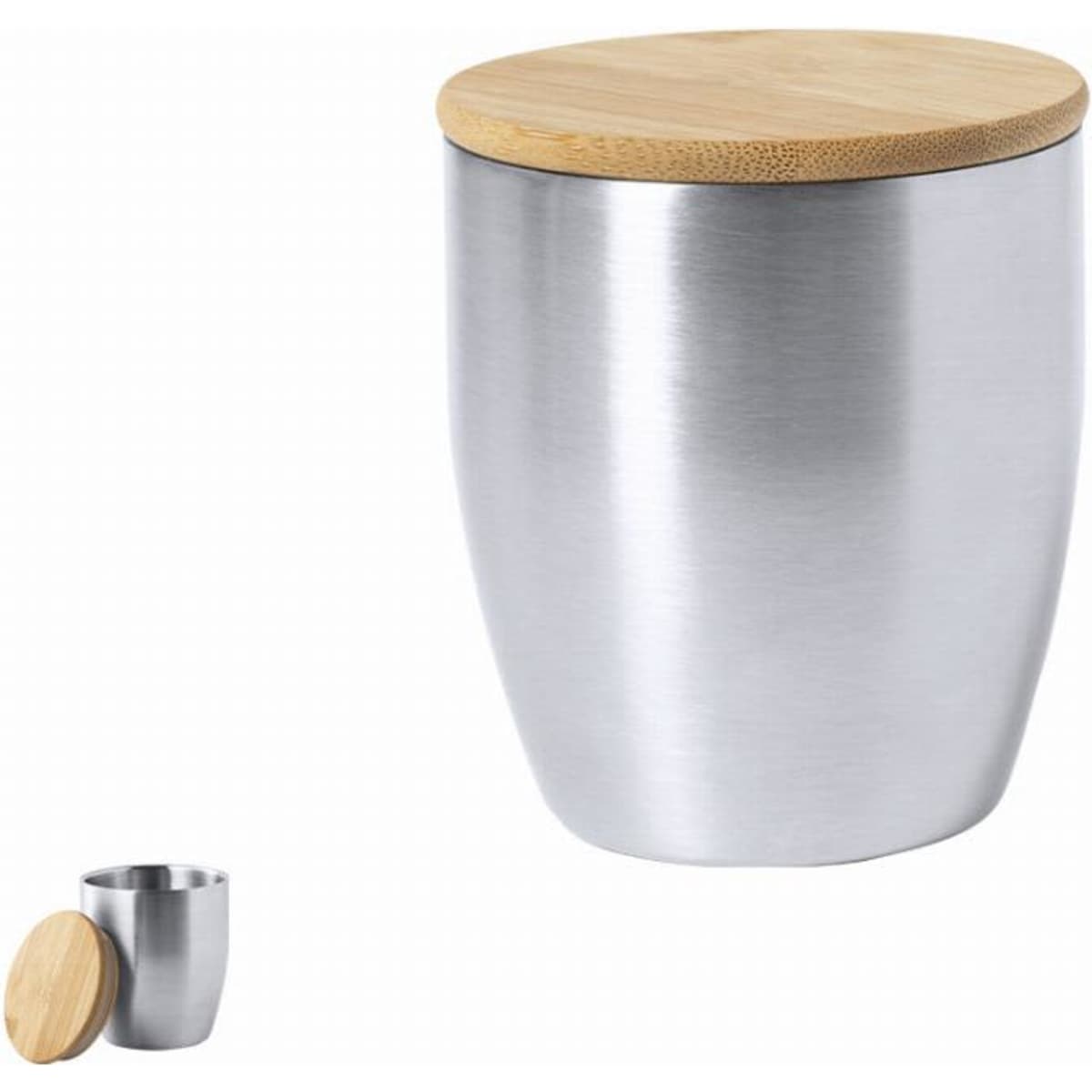 A drink bottle with a silver stainless steel body and a wooden lid, featuring a sleek, modern design.