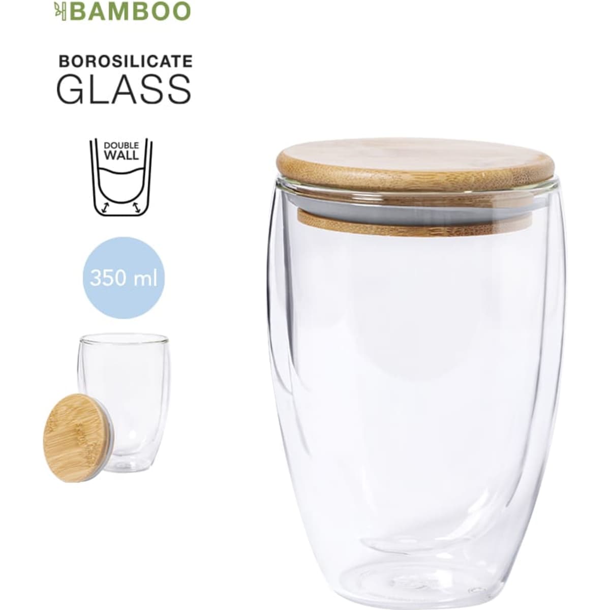 A drink bottle made of clear borosilicate glass with a bamboo lid, featuring a double wall design.