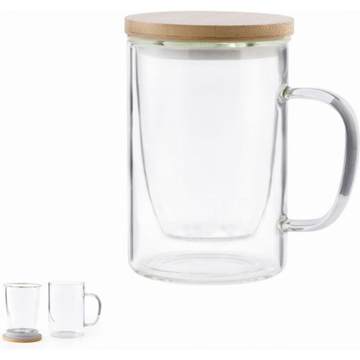 A glass drink mug with a wooden lid and a transparent body, featuring a curved handle.