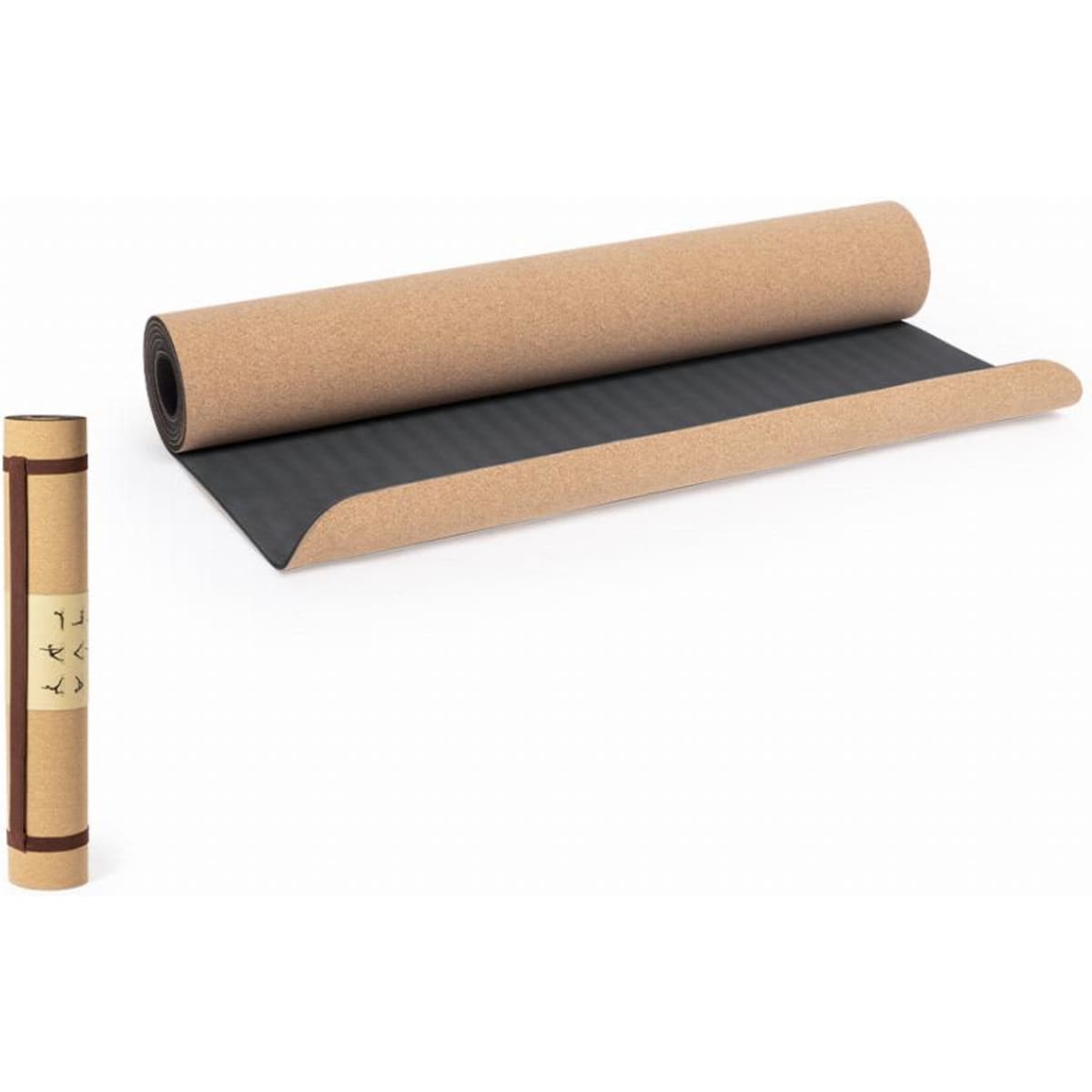 A yoga mat in natural tone with a black underside, rolled partially open, featuring a simple logo on one end.