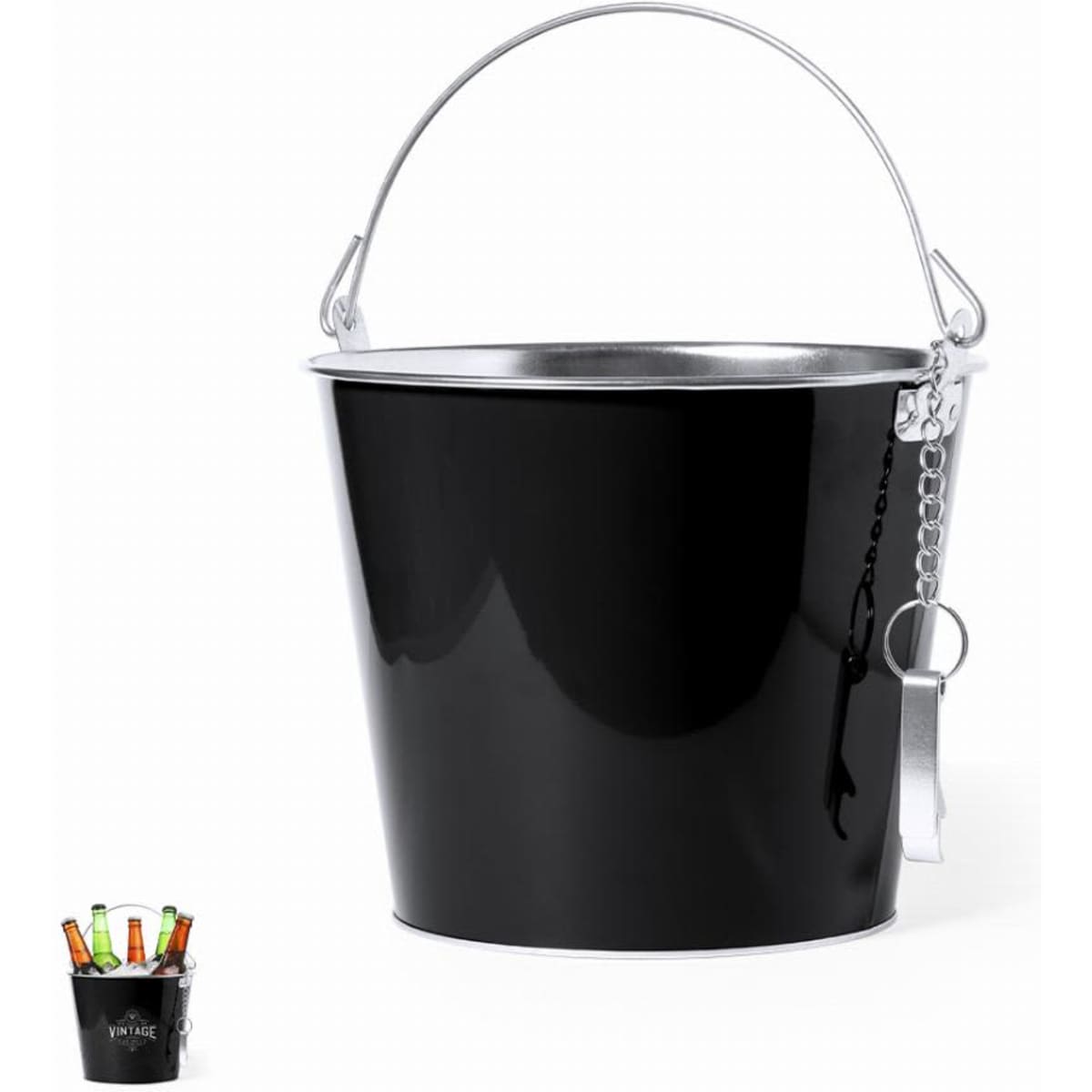 A beverage bucket in glossy black with a silver handle and chain, featuring a glossy inner lining.