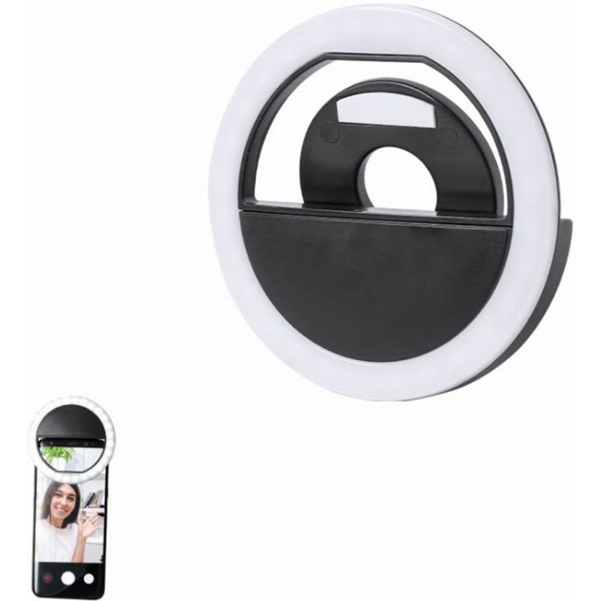 A ring light with a black and white design, featuring a circular shape and a small camera attachment for selfies.