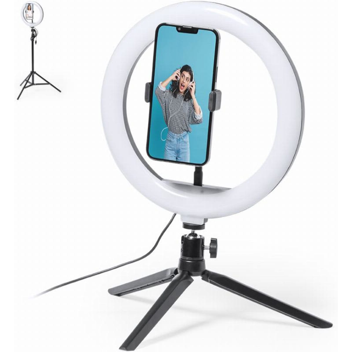 A ring light with a phone holder, featuring a white circular light and a black adjustable tripod stand.