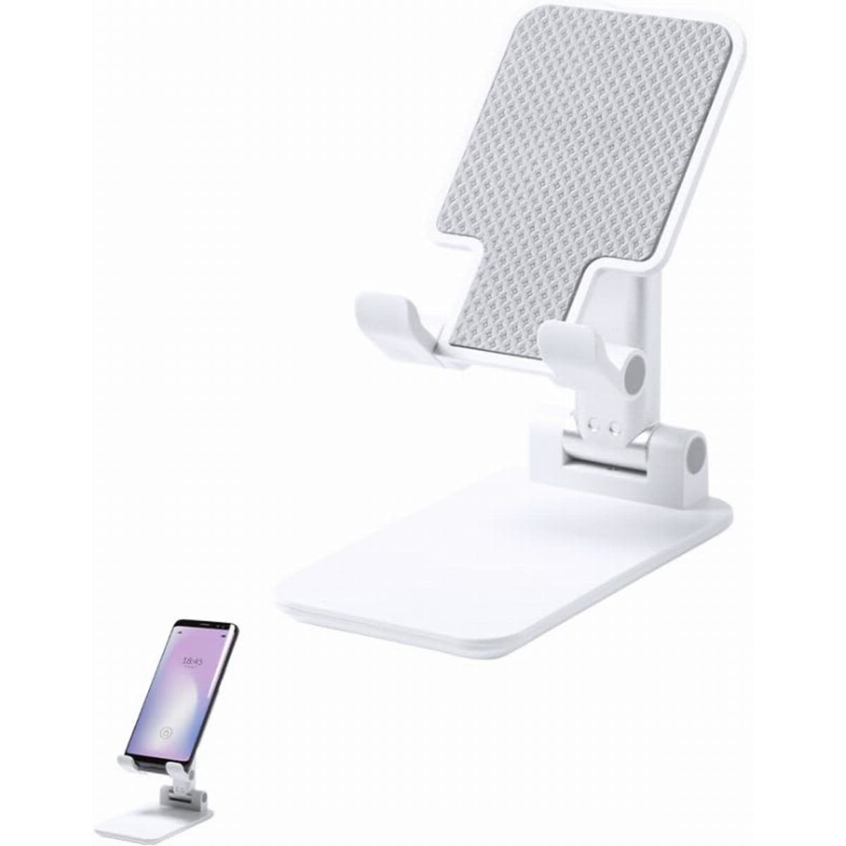 A phone stand in white, featuring an adjustable holder and a textured back for stability.