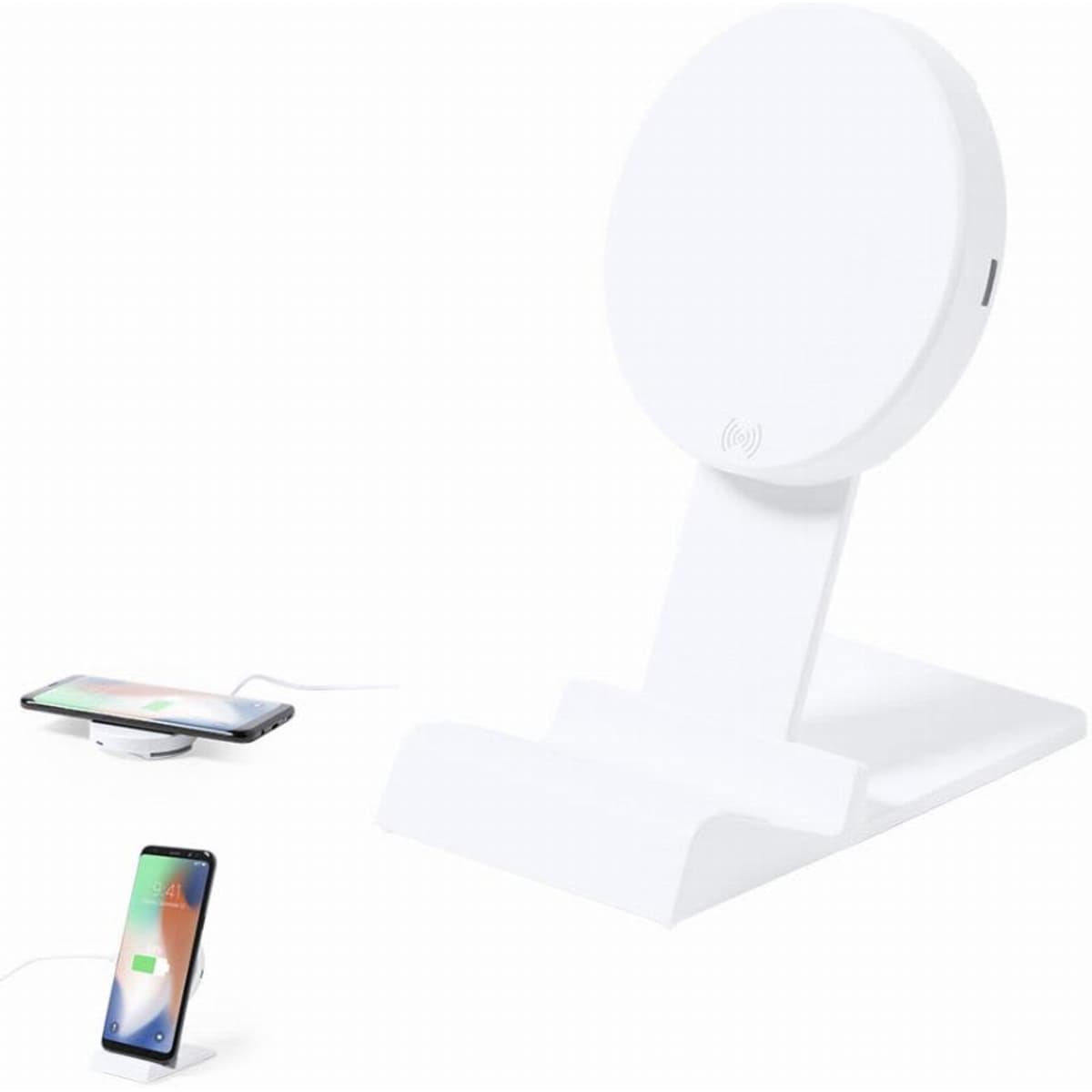 A white wireless charger stand with a circular charging pad for smartphones, featuring a minimalist design and a logo.
