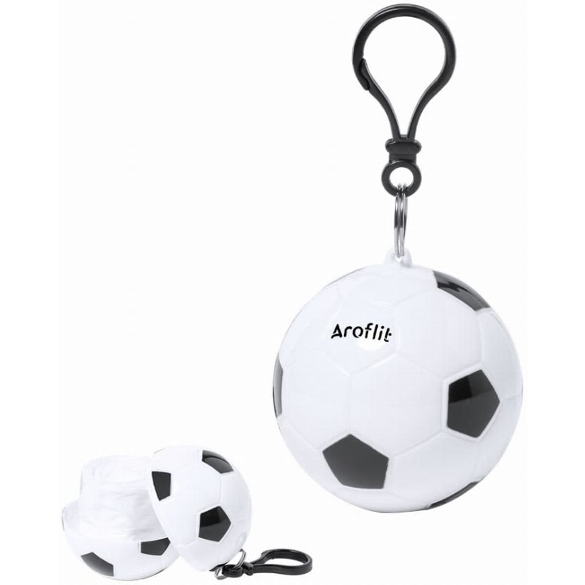 A keychain featuring a mini football design in white and black, with a branding logo visible on the surface.