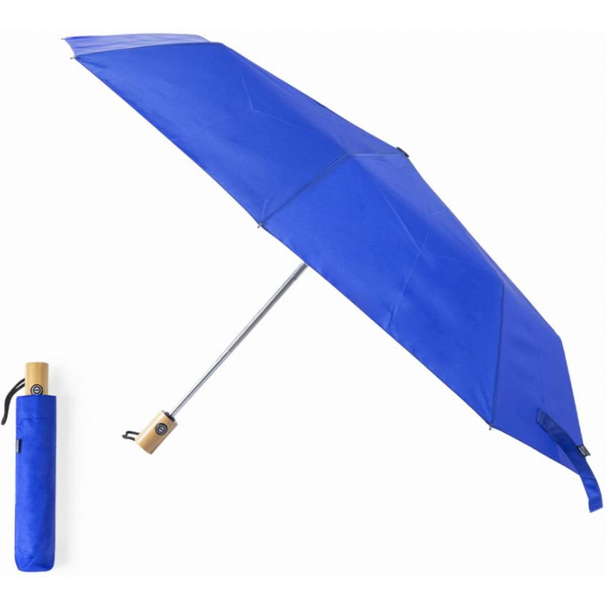 A blue umbrella with a wooden handle, accompanied by a matching carrying sleeve.