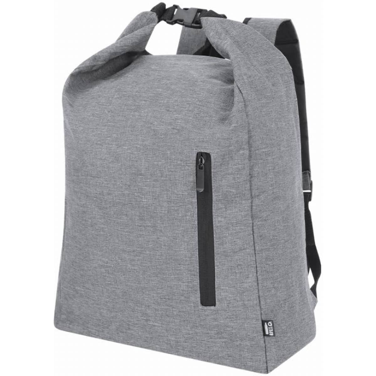 A grey backpack with a roll-top design, featuring a front zip pocket and adjustable straps. It has a logo on it.
