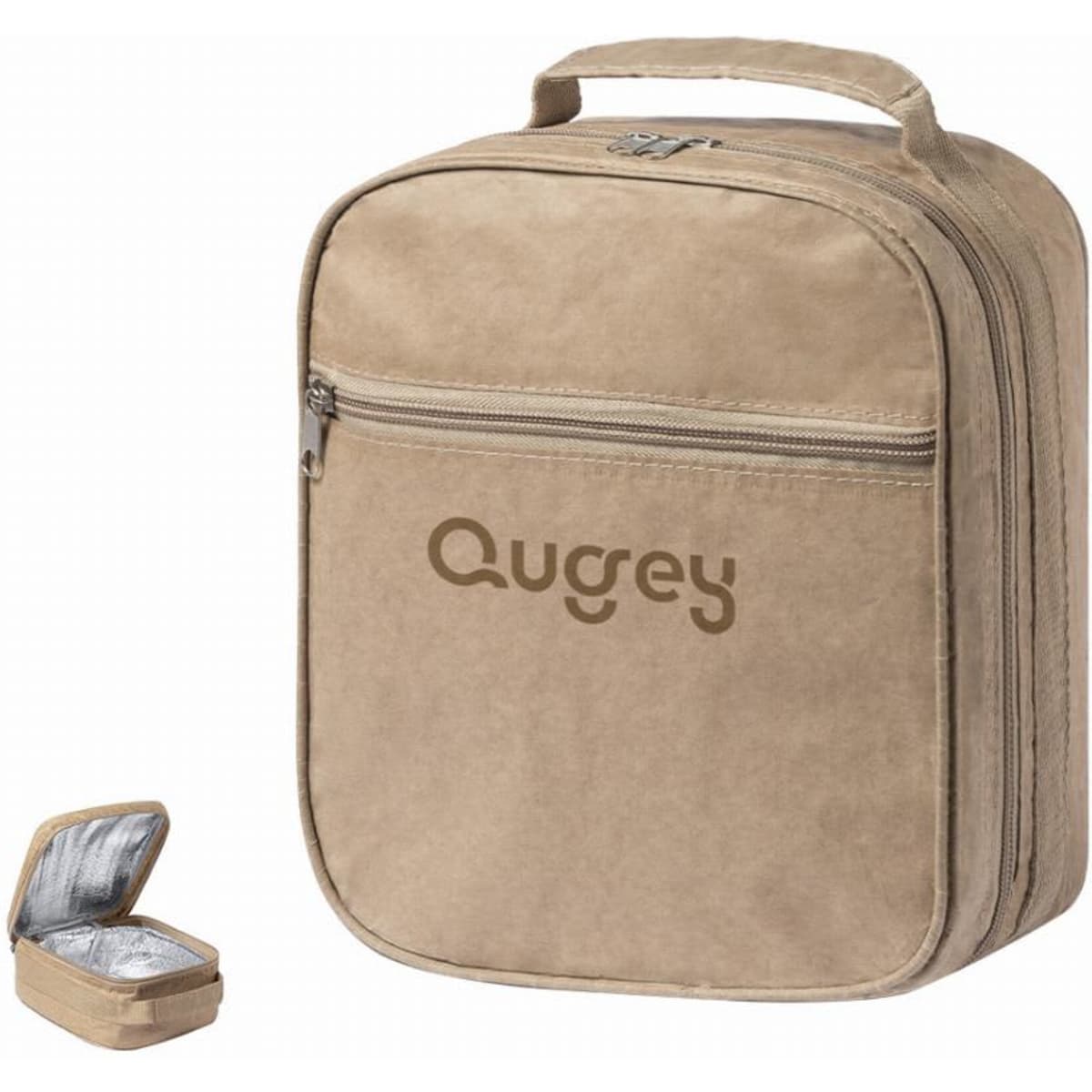 A beige insulated lunch bag with a handle and a zippered compartment, featuring a logo. Includes a small container beside it.